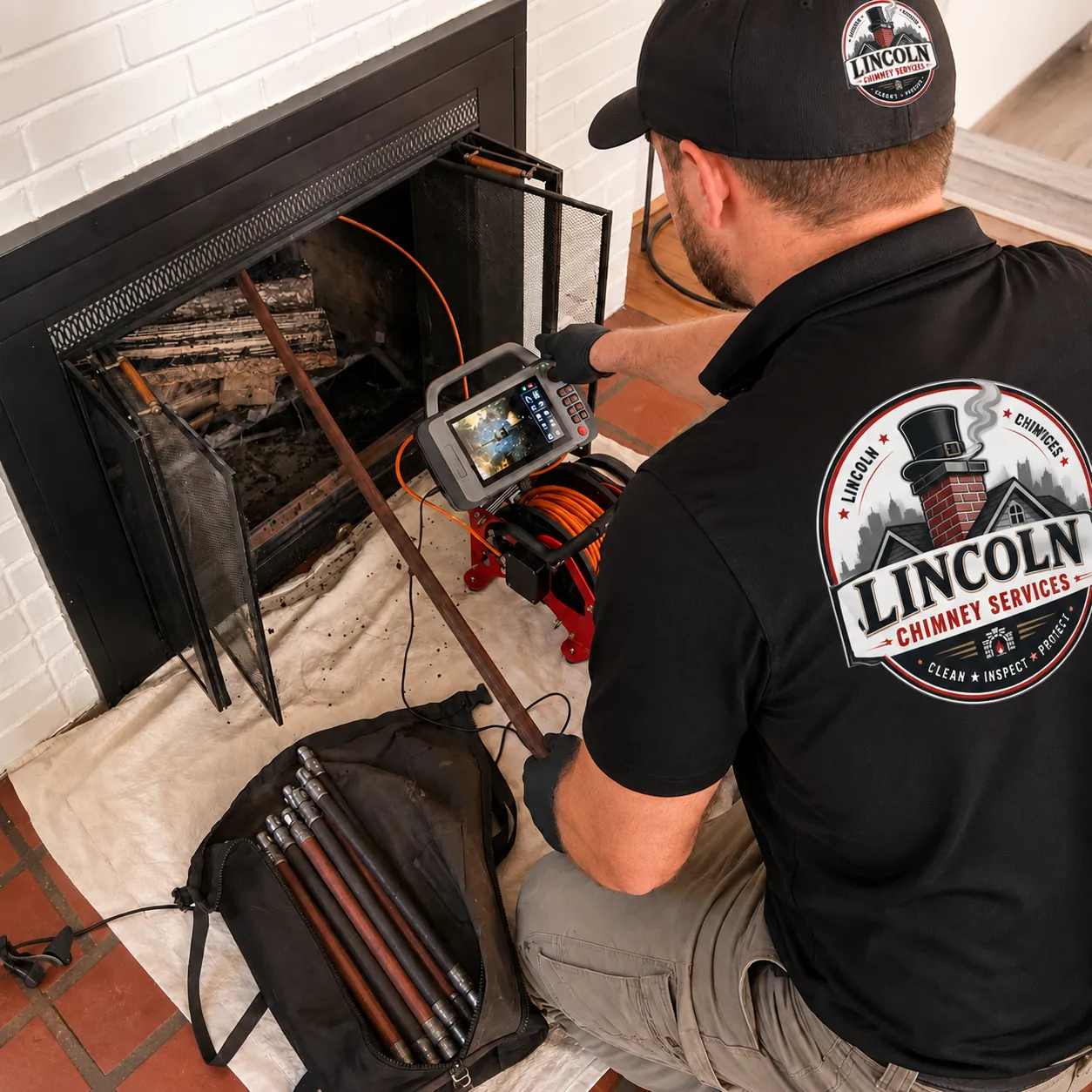 The Lincoln Chimney Services team installing a copper chase cover